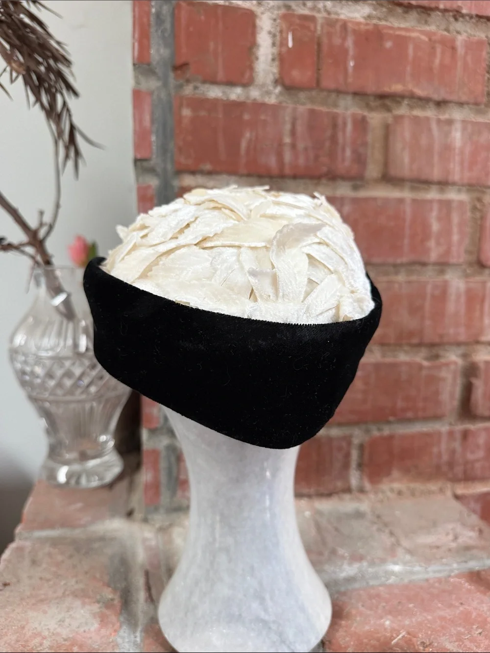 Vintage Black and Ivory Velvet Fascinator Hat with Pearl Leaf Accent